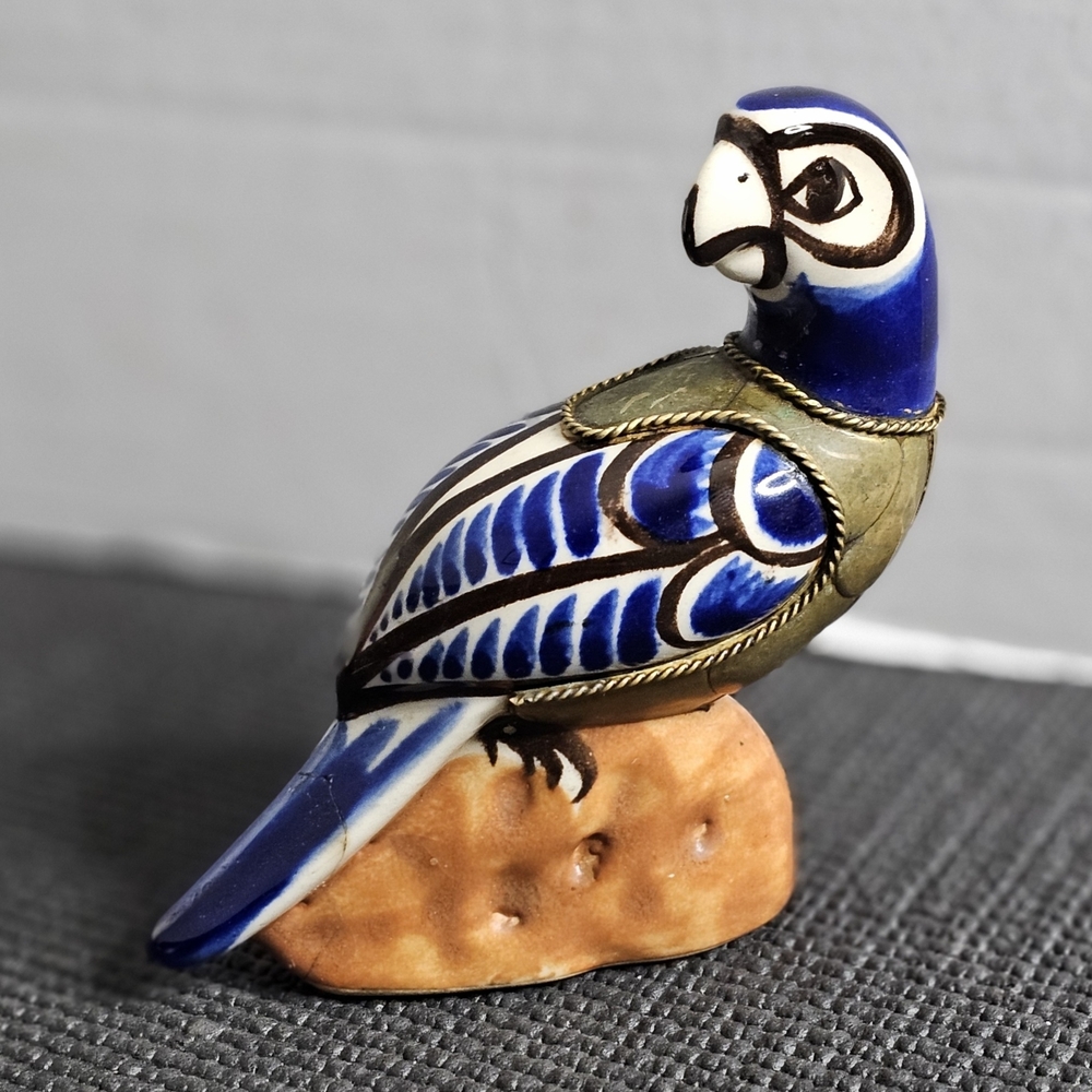 Vintage Hand-Painted Blue Parrot Ceramic Figurine w/ Brass Detail